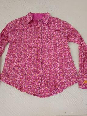 Girls Bright Pink Floral Horseshoe Button-Down Shirt - Casual Collar